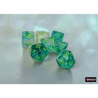 7 dés polyédriques Borealis Luminary kelp avec chiffres verts pâles