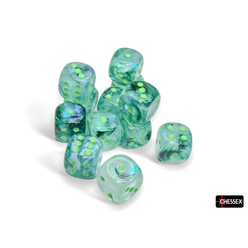 12 dés 6 16mm Borealis Luminary kelp avec points verts pâles