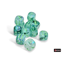 12 dés 6 16mm Borealis Luminary kelp avec points verts pâles