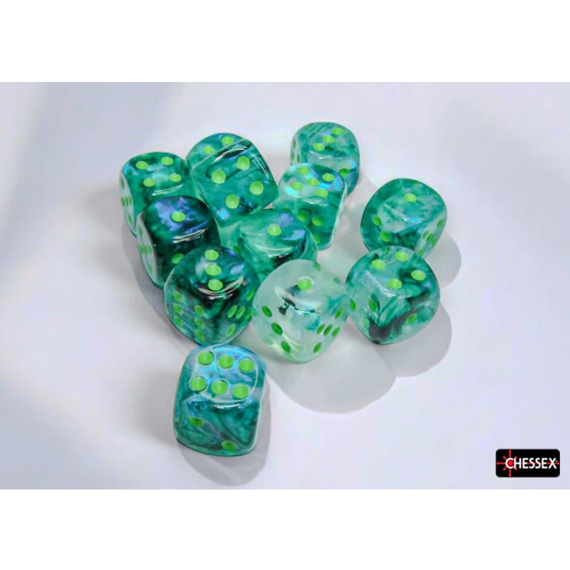 12 dés 6 16mm Borealis Luminary kelp avec points verts pâles