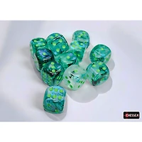 12 dés 6 16mm Borealis Luminary kelp avec points verts pâles