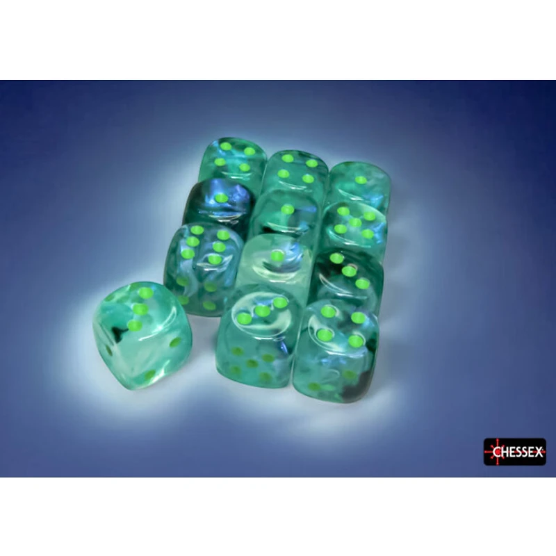 12 dés 6 16mm Borealis Luminary kelp avec points verts pâles