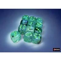 12 dés 6 16mm Borealis Luminary kelp avec points verts pâles