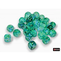 36 dés 6 12mm Borealis Luminary kelp avec points verts pâles