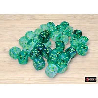 36 dés 6 12mm Borealis Luminary kelp avec points verts pâles