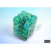 36 dés 6 12mm Borealis Luminary kelp avec points verts pâles