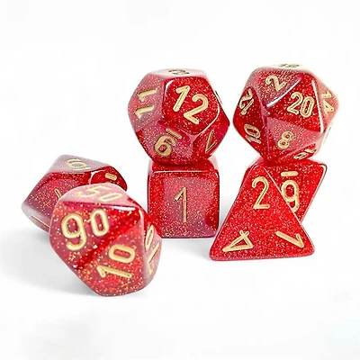 7 dés polyédriques Glitter - Ruby avec chiffres dorés - Méga-Hedral