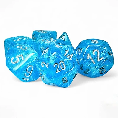 7 dés polyédriques Luminary - Sky avec chiffres argentés - Méga-Hedral