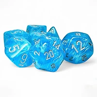 7 dés polyédriques Luminary - Sky avec chiffres argentés - Méga-Hedral