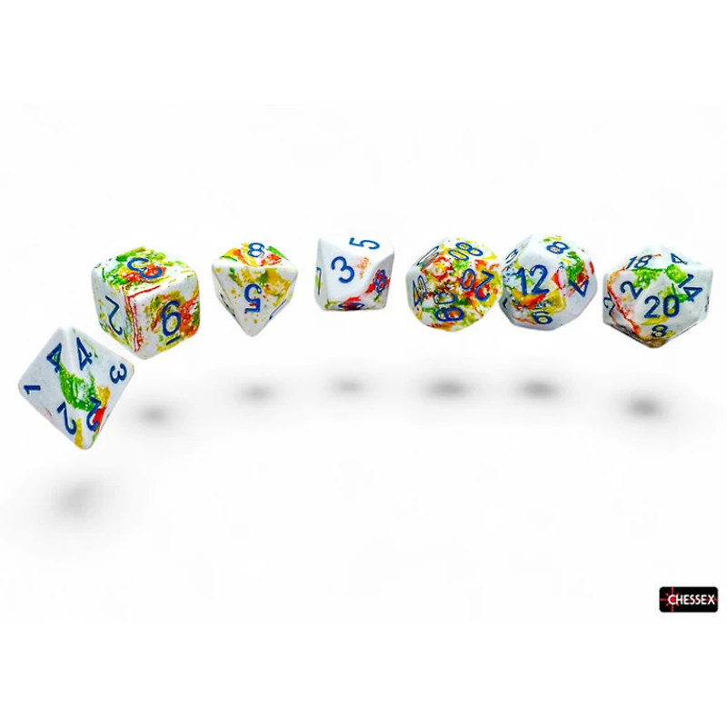 7 dés polyédriques Brush - Breezy avec chiffres bleus