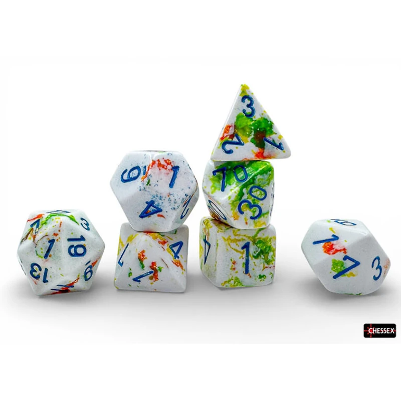 7 dés polyédriques Brush - Breezy avec chiffres bleus