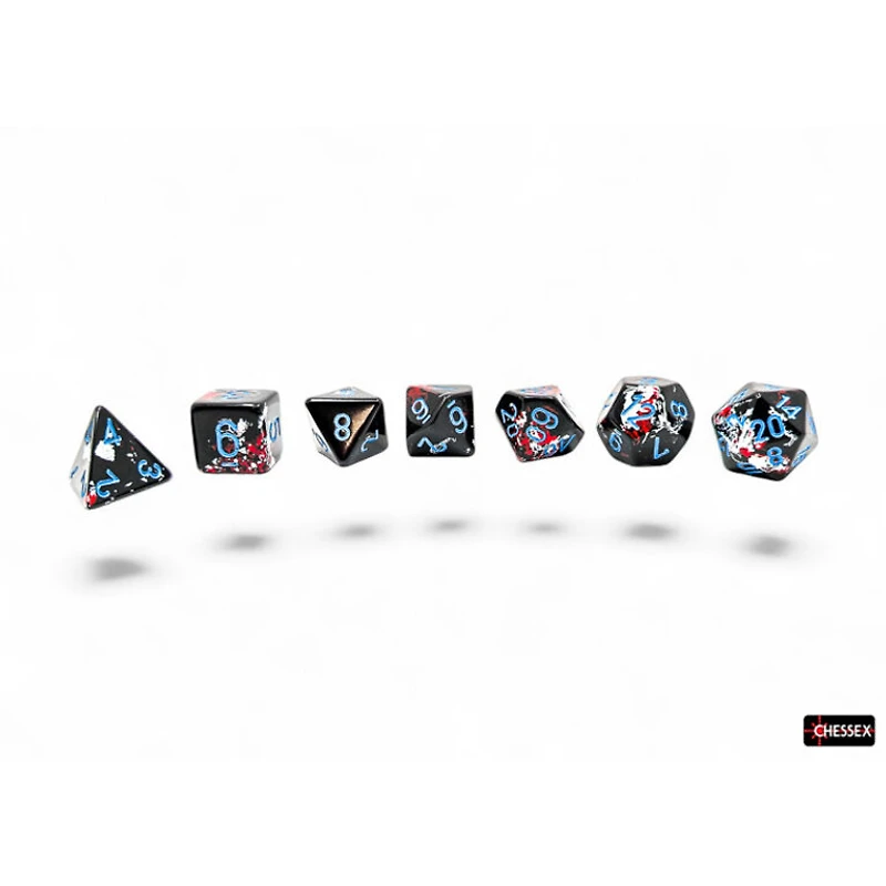 7 dés polyédriques Brush - Dark Side avec chiffres bleus