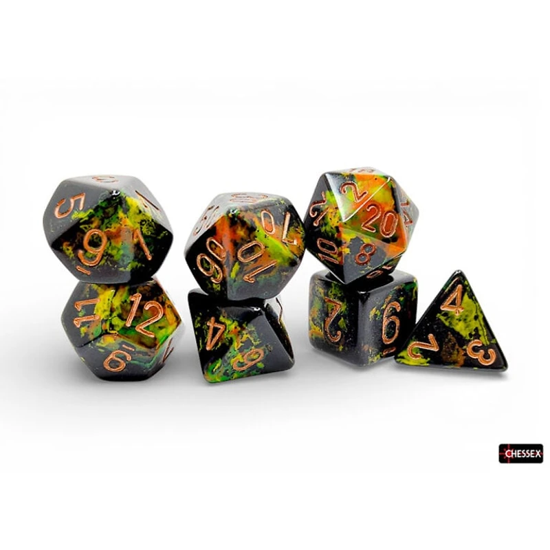 7 dés polyédriques Brush - Deep Forest avec chiffres or