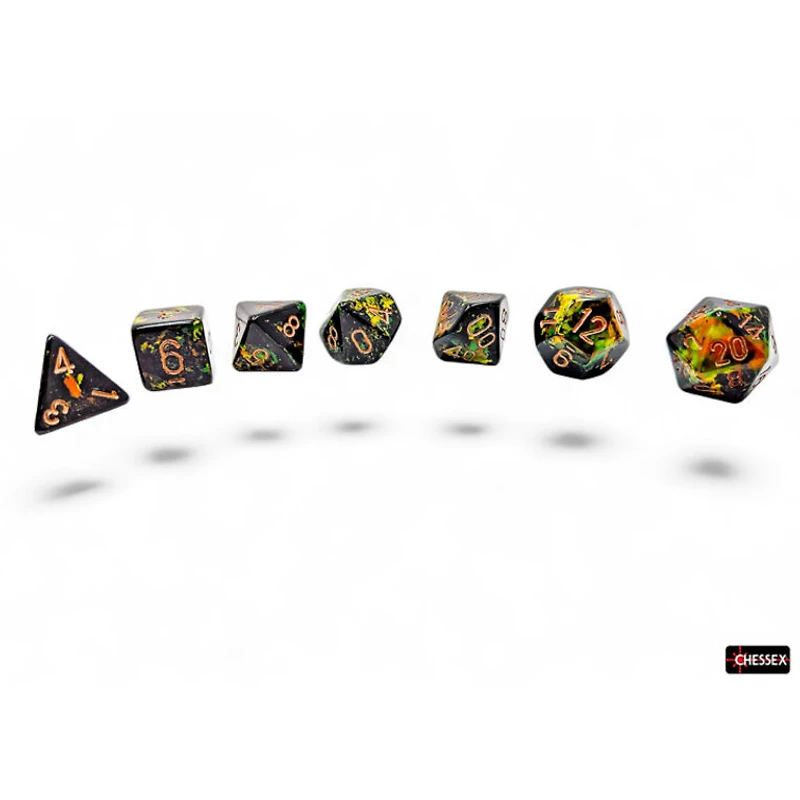 7 dés polyédriques Brush - Deep Forest avec chiffres or