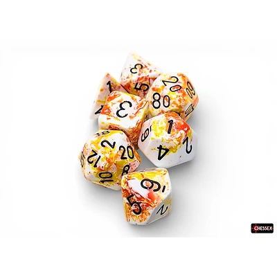 7 dés polyédriques Brush - Sunrise avec chiffres noirs