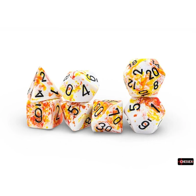 7 dés polyédriques Brush - Sunrise avec chiffres noirs