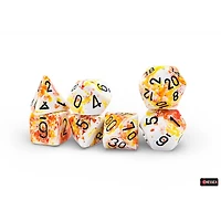 7 dés polyédriques Brush - Sunrise avec chiffres noirs