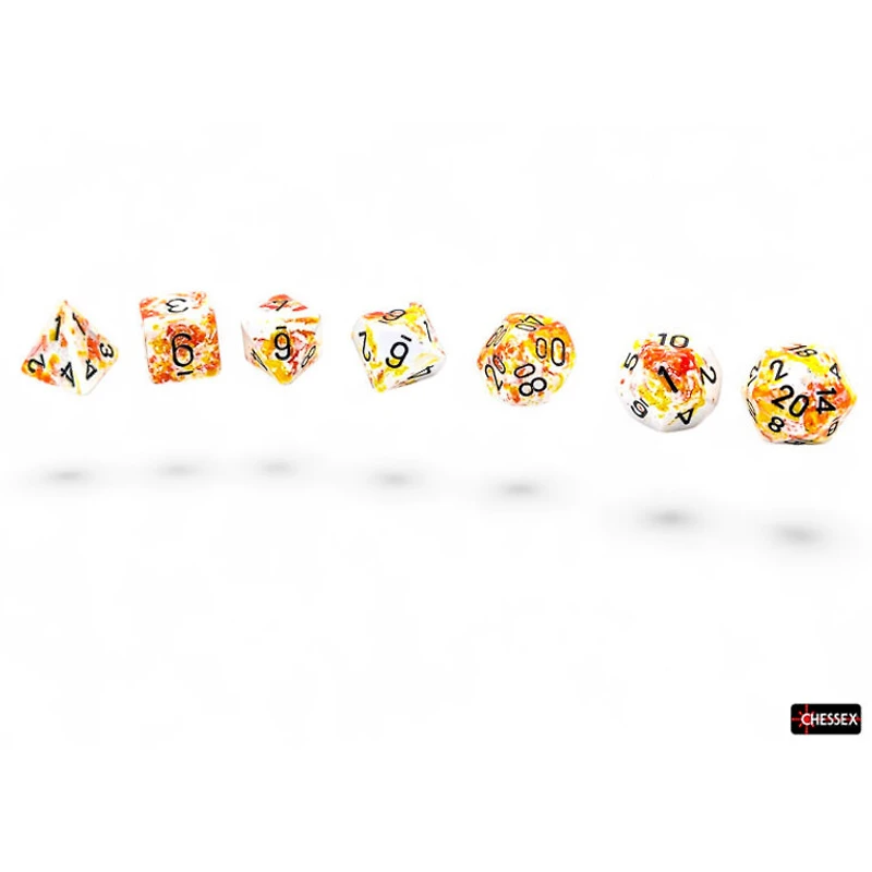 7 dés polyédriques Brush - Sunrise avec chiffres noirs