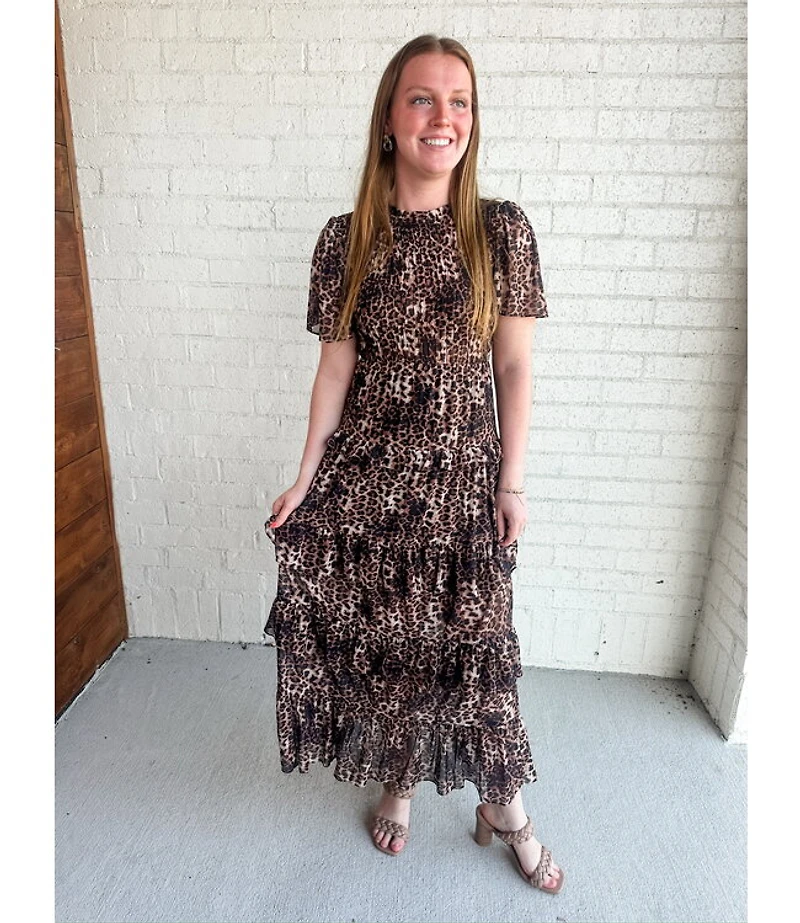 LEOPARD MESH TIER DRESS