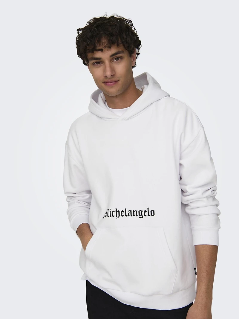 Only & sons : Michelangelo Relax Fit Hoodie - White