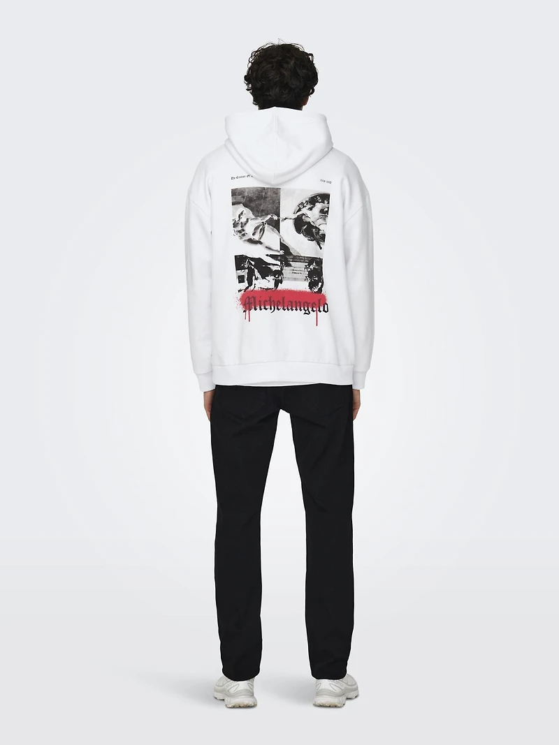 Only & sons : Michelangelo Relax Fit Hoodie - White