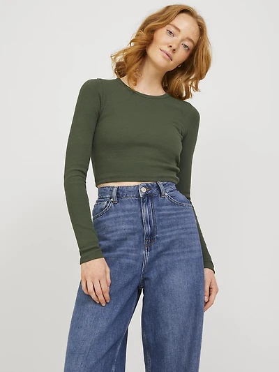 JJXX : Feline Long Sleeve Rib Tee - Black Forest