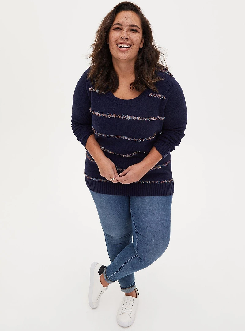 Tinsel Stripe Holiday Sweater - Navy