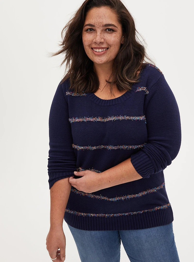 Tinsel Stripe Holiday Sweater - Navy