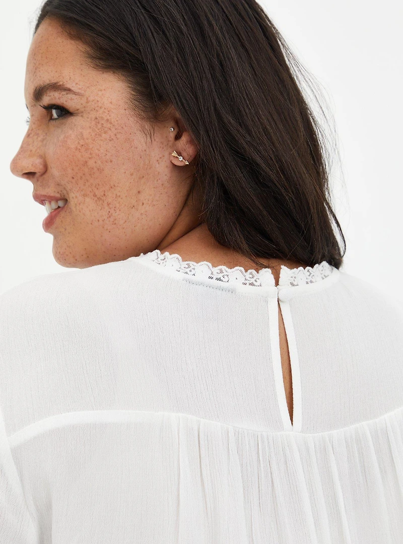 White Crinkle Gauze Embroidered Blouse