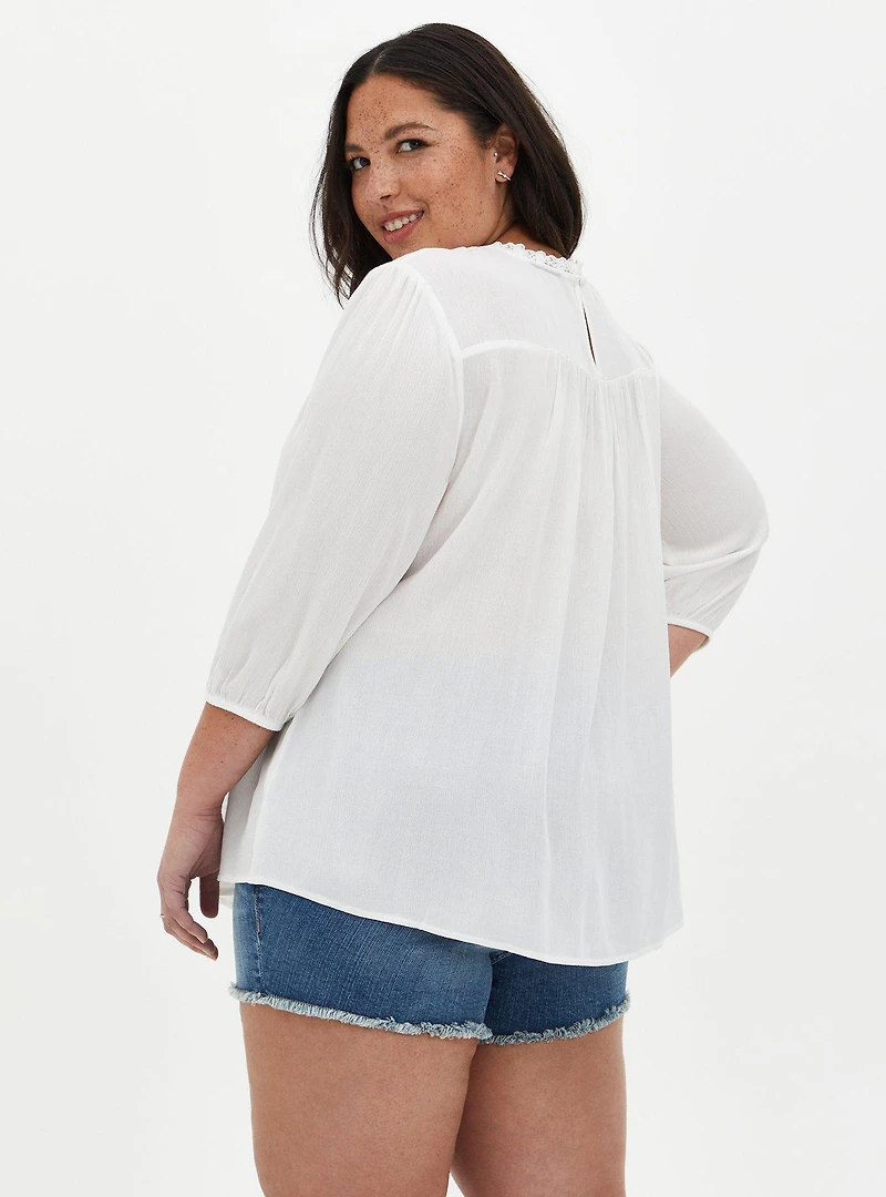 White Crinkle Gauze Embroidered Blouse