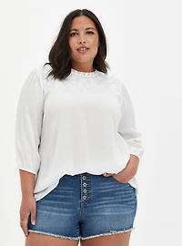 White Crinkle Gauze Embroidered Blouse