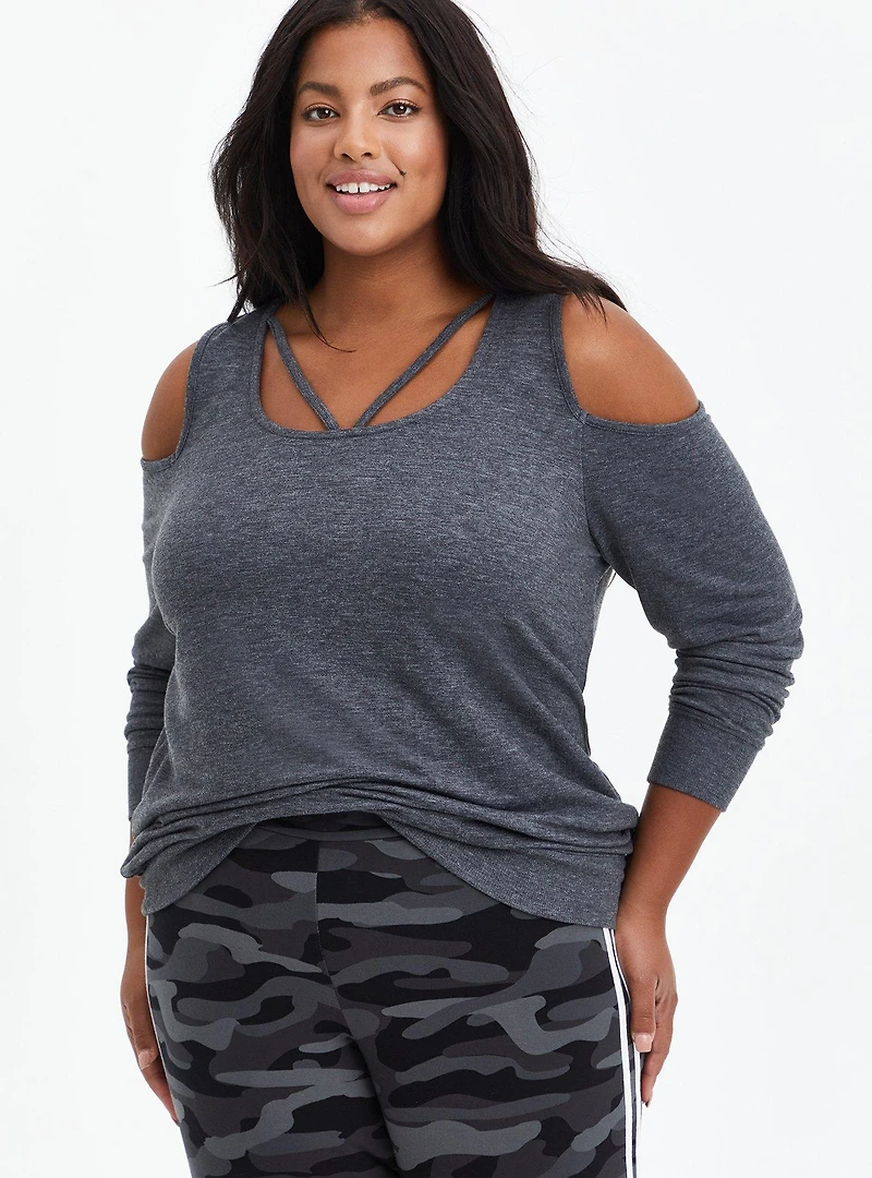 Knit Scoop Neck Strappy Cold Shoulder Top