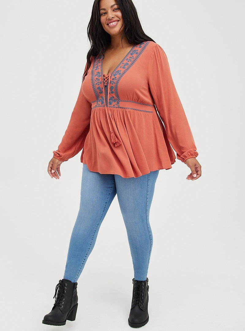 Babydoll Rayon Crepe Embroidered Lace-Up Top