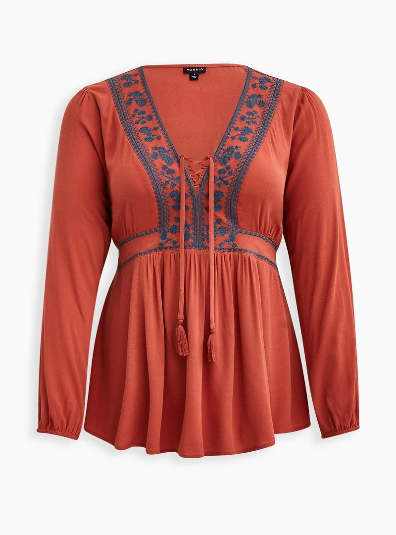 Babydoll Rayon Crepe Embroidered Lace-Up Top