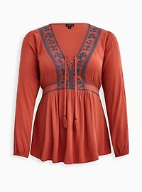 Babydoll Rayon Crepe Embroidered Lace-Up Top