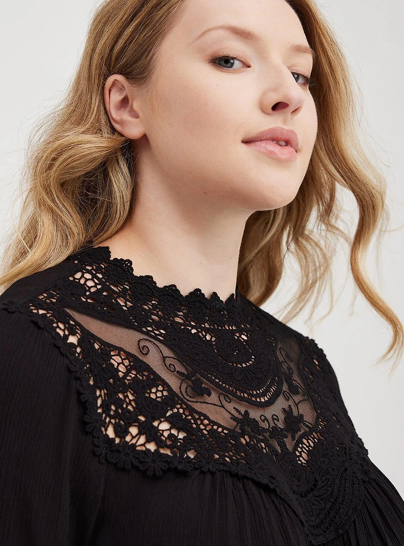 Crinkle Gauze Crochet Detail Top