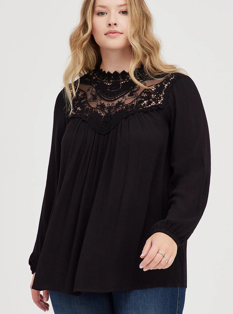 Crinkle Gauze Crochet Detail Top