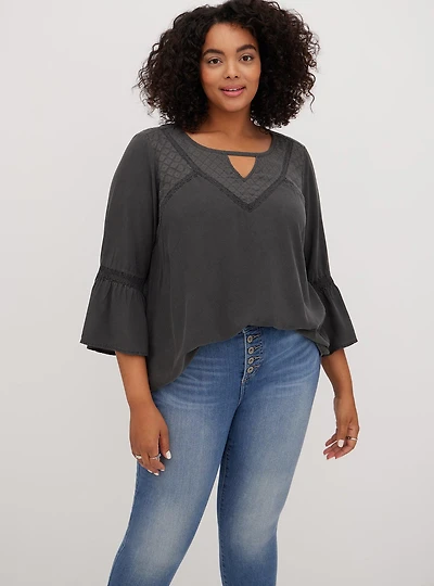 Challis Lace Trim Bell Sleeve Top