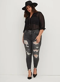 Chiffon Clip Dot With Lace Inset Top