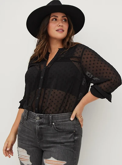 Chiffon Clip Dot With Lace Inset Top