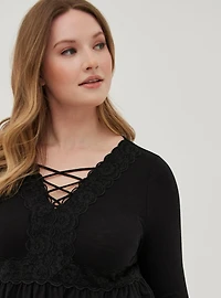 Babydoll Super Soft V-Neck Lace-Up Lace Trim Top