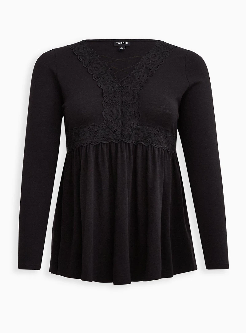 Babydoll Super Soft V-Neck Lace-Up Lace Trim Top
