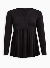 Babydoll Super Soft V-Neck Lace-Up Lace Trim Top