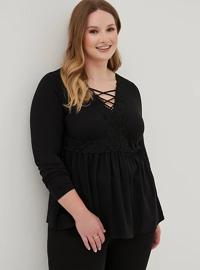 Babydoll Super Soft V-Neck Lace-Up Lace Trim Top