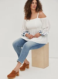 Gauze Embroidered Smocked Cold Shoulder