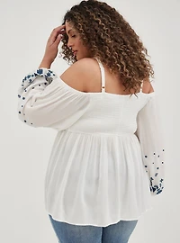 Gauze Embroidered Smocked Cold Shoulder