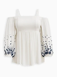 Gauze Embroidered Smocked Cold Shoulder