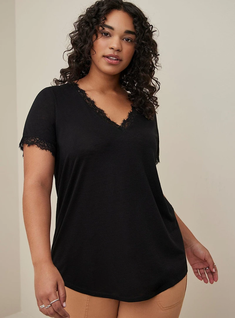Classic Fit Feather Soft Slub Lace Trim V-Neck Tee