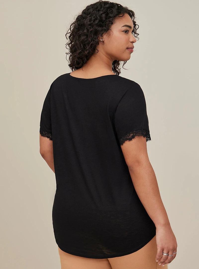 Classic Fit Feather Soft Slub Lace Trim V-Neck Tee