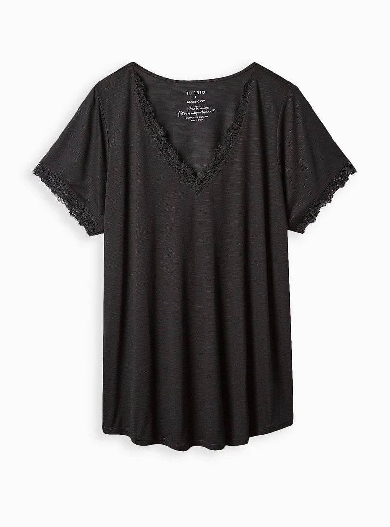 Classic Fit Feather Soft Slub Lace Trim V-Neck Tee